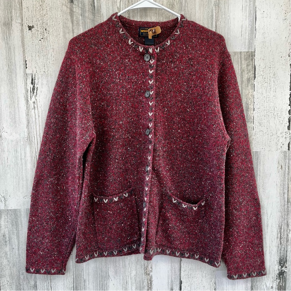 Woolrich Ruby Red Grey Button Up Cardigan Sweater… - image 1